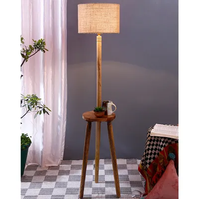 Premium Natural Wood Table Storage Floor Lamp With Drum Shade
