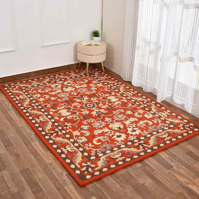 Premium Orange Traditional Print Hand Tufted Wool Carpet for Living Room