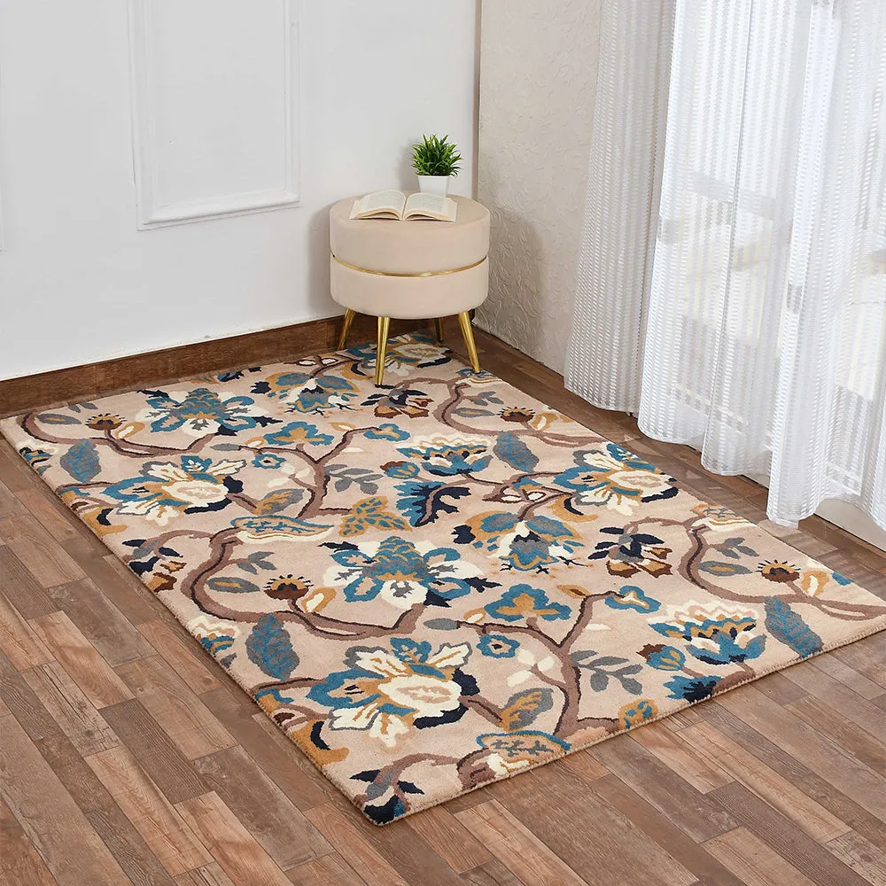 Premium-quality Beige Floral Print Hand Tufted Wool Carpet