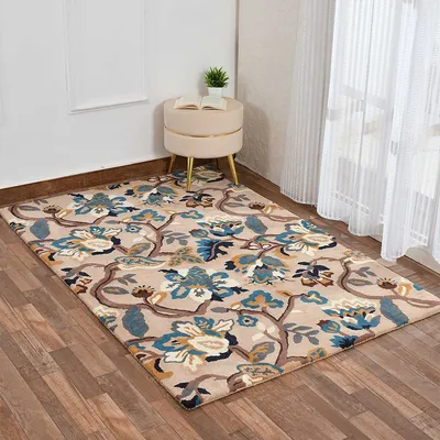 Premium-quality Beige Floral Print Hand Tufted Wool Carpet
