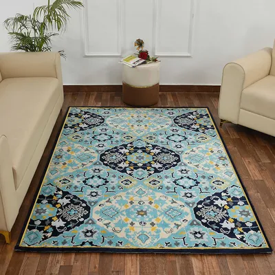 Premium-quality Blue and Yellow Traditional Print Polyester Carpet