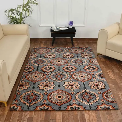 Premium-quality Grey and Orange Traditional Print Polyester Carpet
