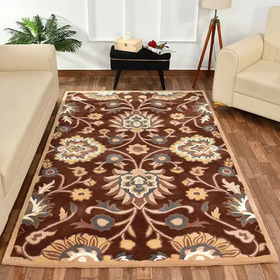 Premium Traditional Pattern Hand Tufted White & Brown Wool Carpet