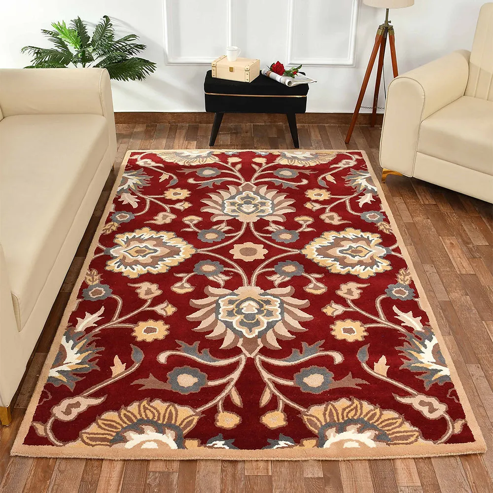 Premium Traditional Pattern Hand Tufted White & Red Wool Carpet