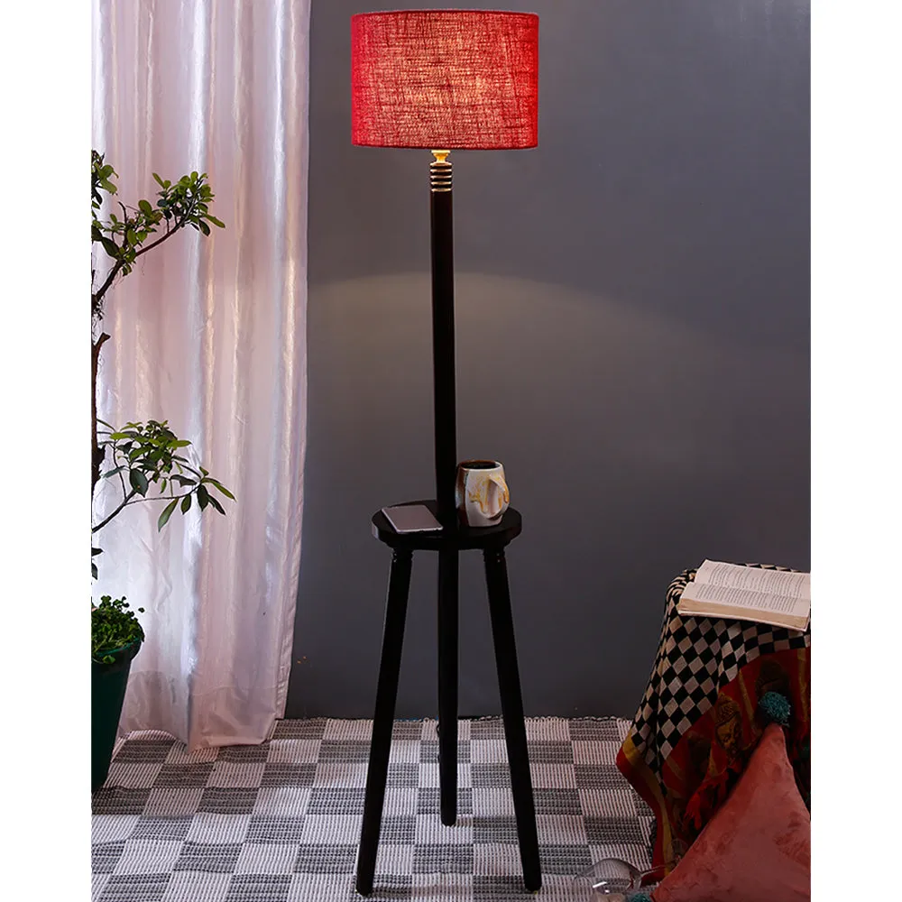 Premium Wood Brown Table Storage Floor Lamp With Jute Shade