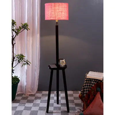 Premium Wood Brown Table Storage Floor Lamp With Jute Shade