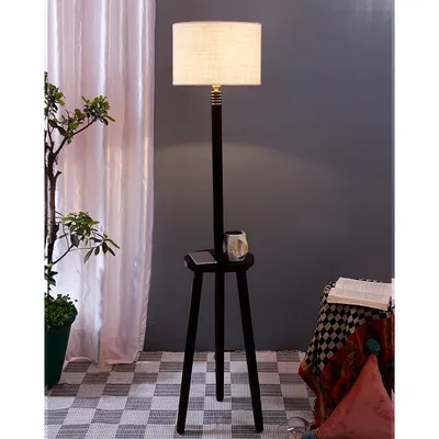 Premium Wood Brown Table Storage Floor Lamp With Jute Shade