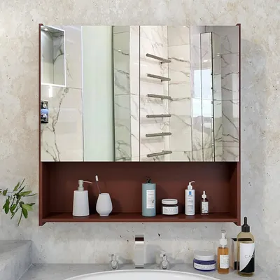 Premium Wooden Brown Bathroom Cabinet with Mirror &amp; 4 Spacious Shelves