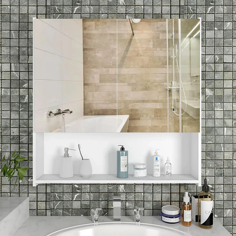 Premium Wooden White Bathroom Cabinet with Mirror &amp; 4 Spacious Shelves