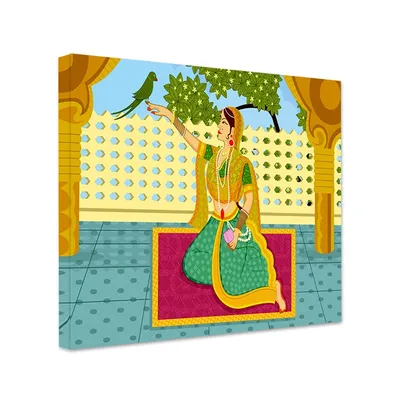 Queen with parrot Beautiful Madhubani Painting /  Canvas Print  Stretched on Wood Bars 61 x 41cm