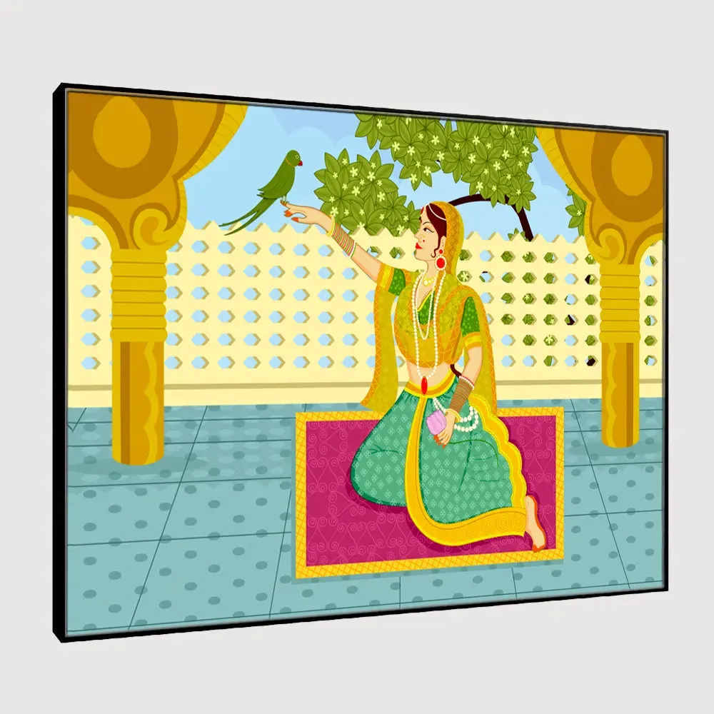 Queen with parrot Beautiful Madhubani Painting /  Canvas Print  Stretched on Wood Bars 61 x 41cm