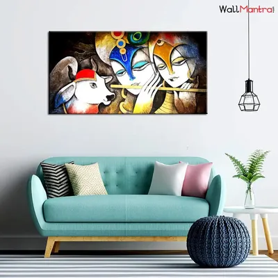 Radha Krishan with Cow &amp; Flute Canvas  Big Panoramic Wall Painting