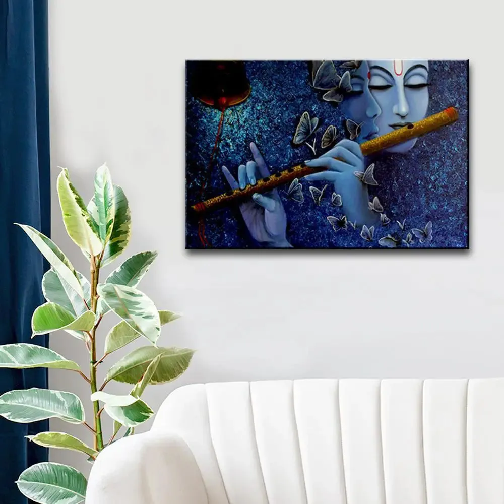 Radha Krishna Canvas Wall Painting Framed on Wood