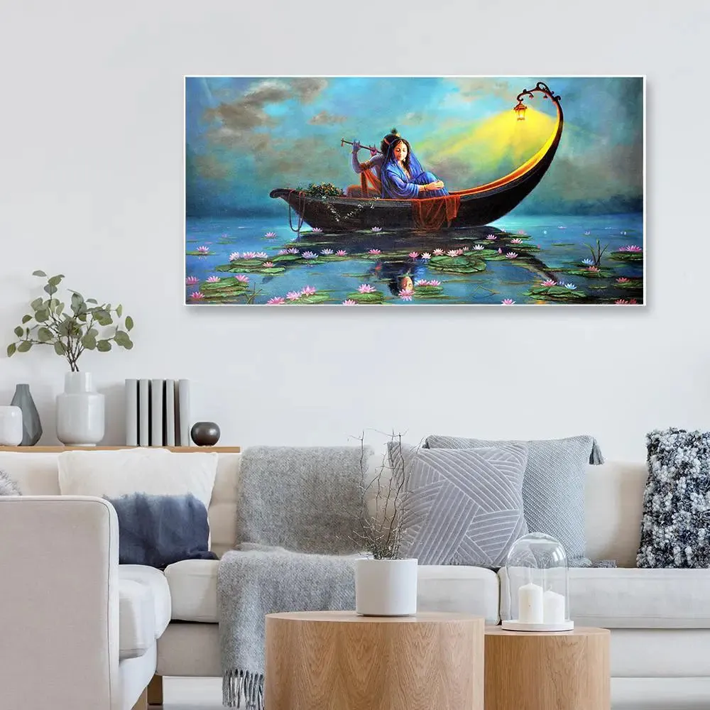 Radha Krishna on a Ferry Romantic Big Panoramic Wall Painting