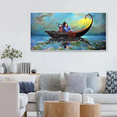 Radha Krishna on a Ferry Romantic Big Panoramic Wall Painting