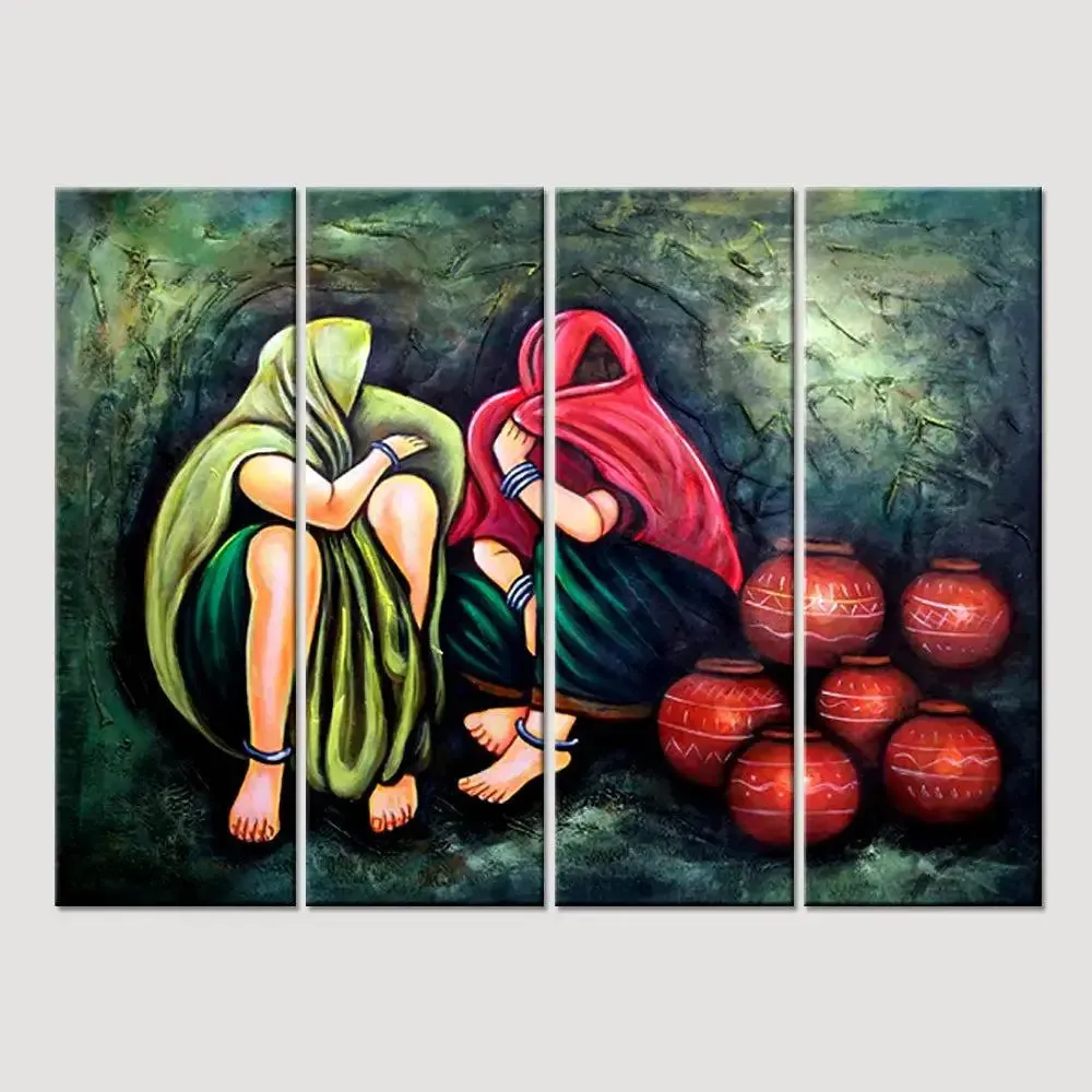 Rajasthani Folk Village women Canvas Printed Painting 4 Pieces Wall Painting with Wooden Framed