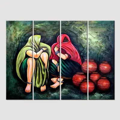 Rajasthani Folk Village women Canvas Printed Painting 4 Pieces Wall Painting with Wooden Framed
