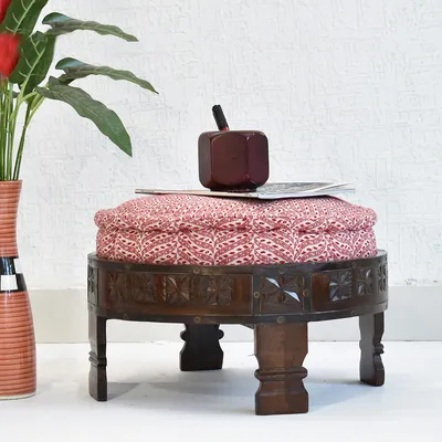 Red &amp; White Patterned Upholstered Carved Wooden Ottoman