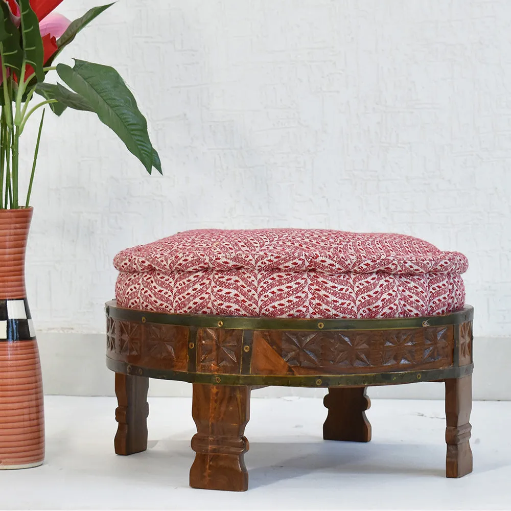 Red &amp; White Patterned Upholstered Natural Brown Carved Wooden Ottoman