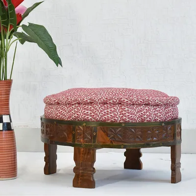 Red &amp; White Patterned Upholstered Natural Brown Carved Wooden Ottoman