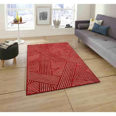 Red & Beige Broad Criss Cross Patterened Tufted Area Carpet