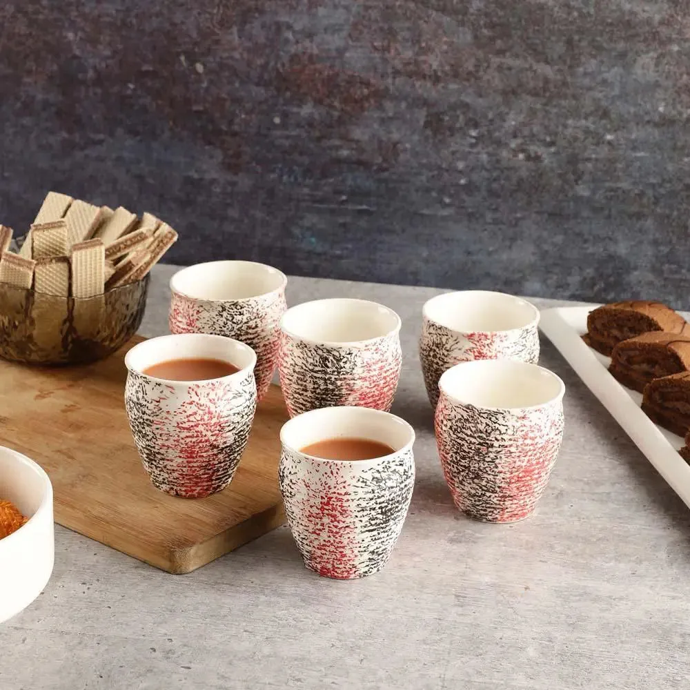 Red, Black & White Sprayed Handmade & Handpainted Ceramic Chai Kullad Set Of 6