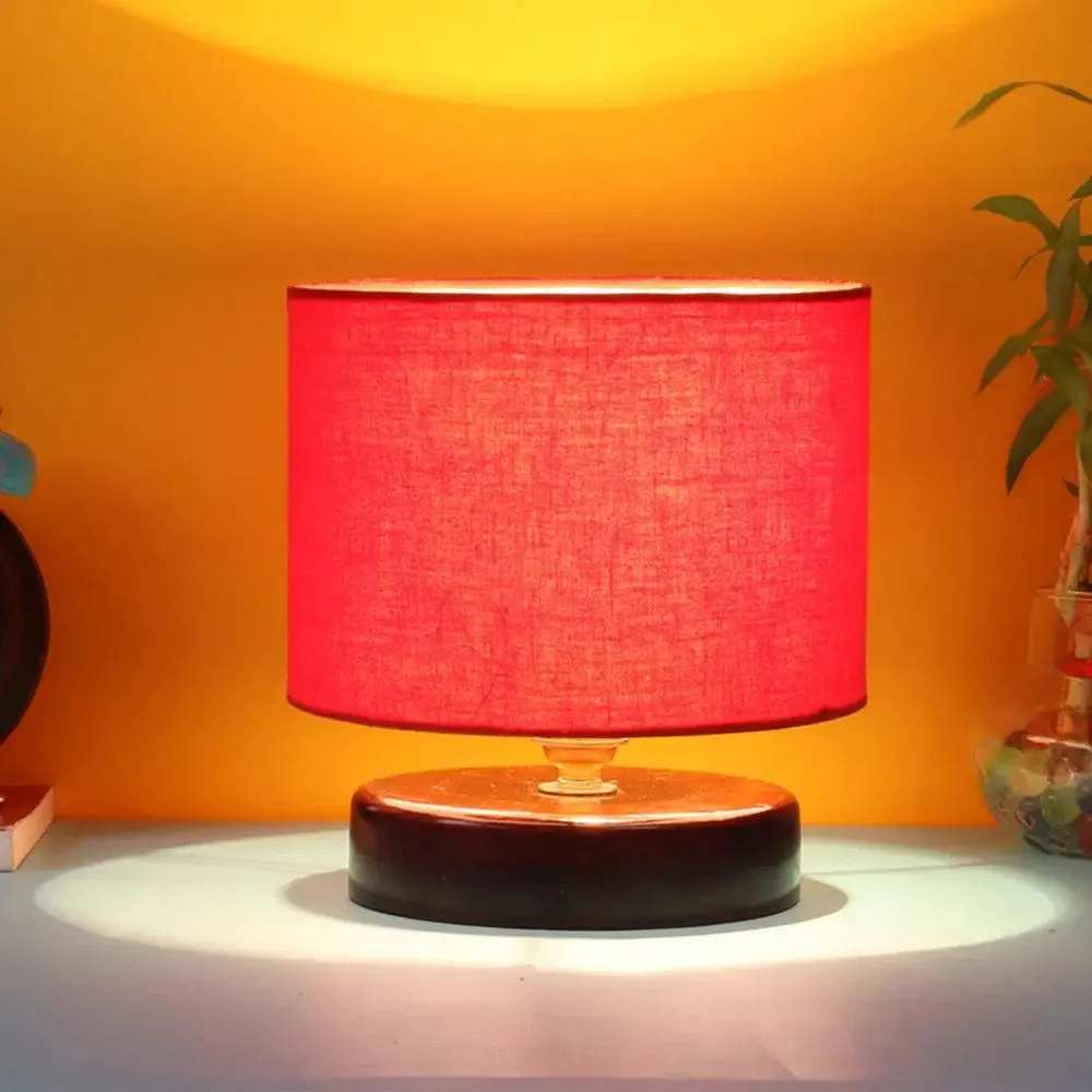 Red Cotton Table Lamp with Brown Wood Base