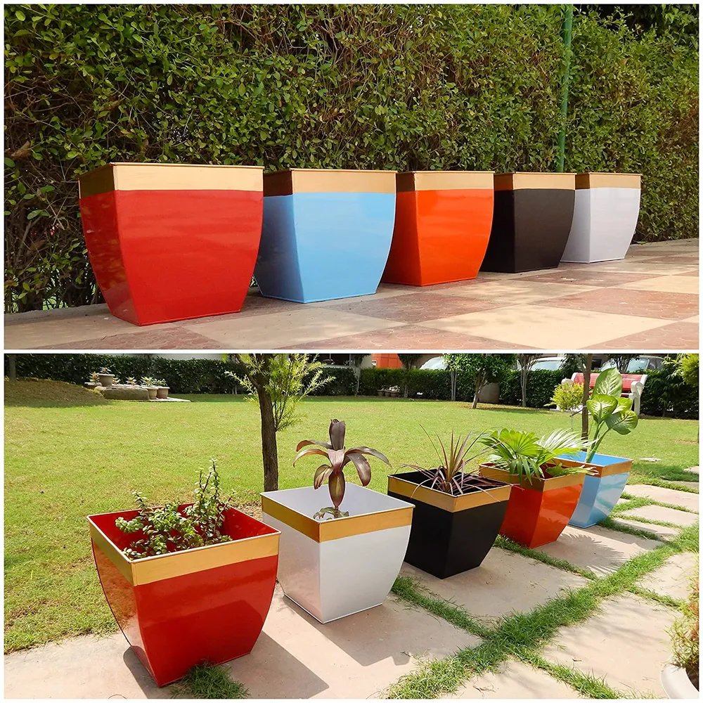Red & Golden 12 Inches Metal Tapered Plant Pot Set Of 2