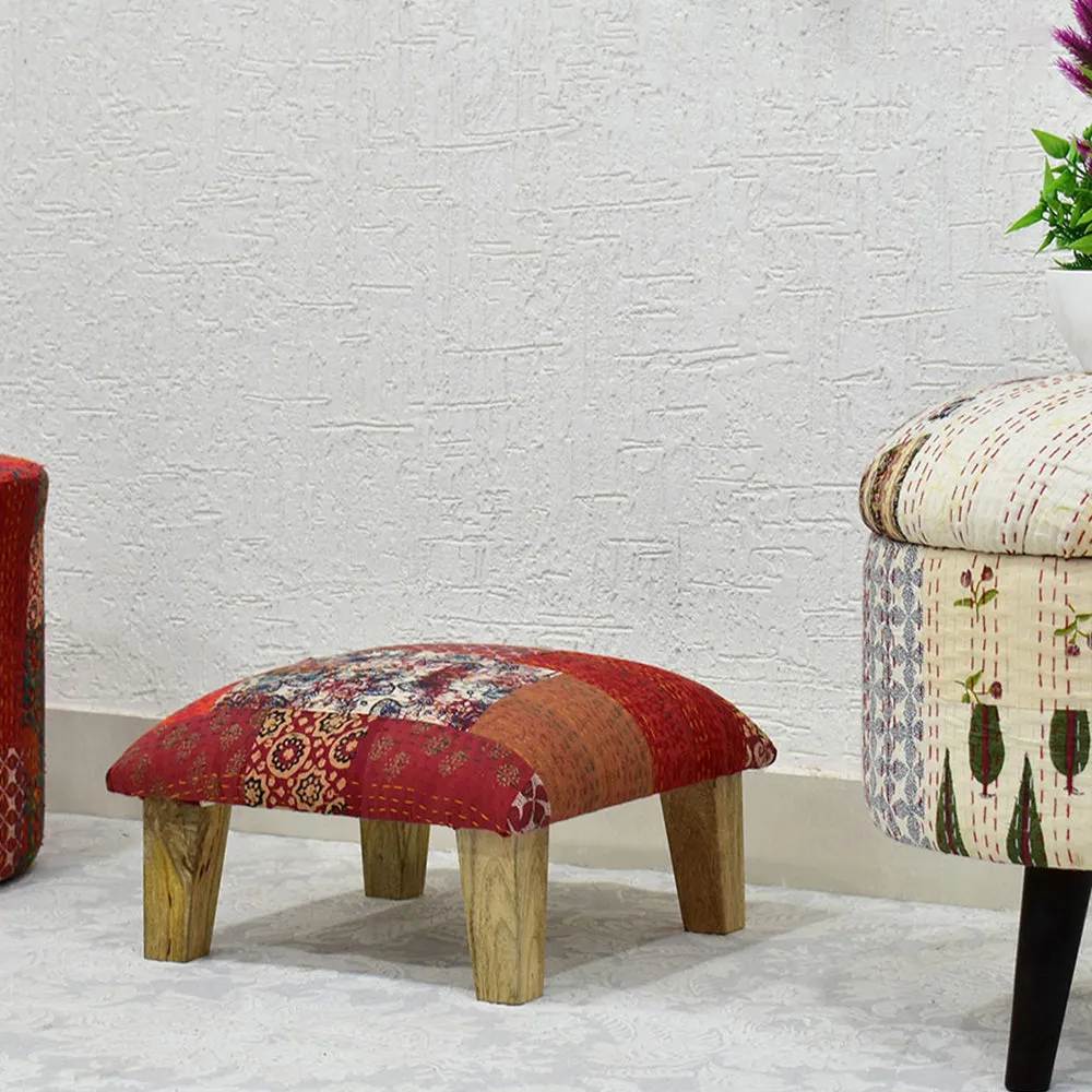 Red Kantha Gudri Patchwork Multipurpose Stool / Square Pouffe / Ottoman
