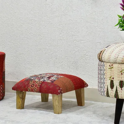 Red Kantha Gudri Patchwork Multipurpose Stool / Square Pouffe / Ottoman
