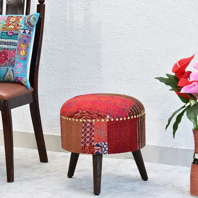 Red Kantha Gudri Patchwork Three Legged Stool / Pouffe / Ottoman