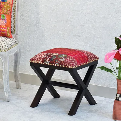 Red Kantha Gudri Patchwork X Shape Stool / Ottoman