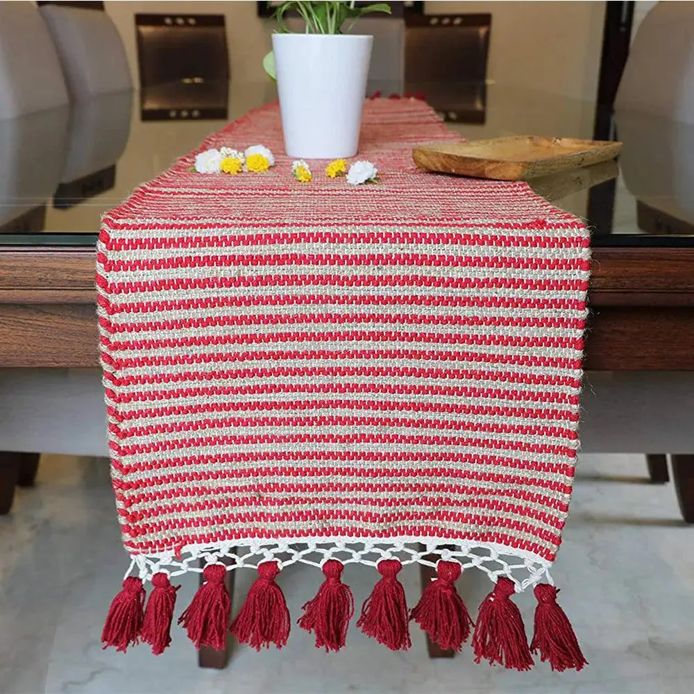 Red Taselled Jute & Cotton Table Runner