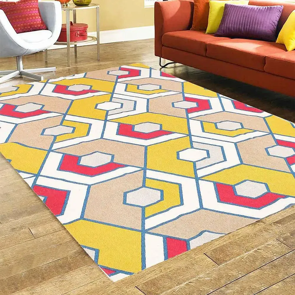 Red & Yellow Honey Comb Pattern Cotton Printed Area Carpet