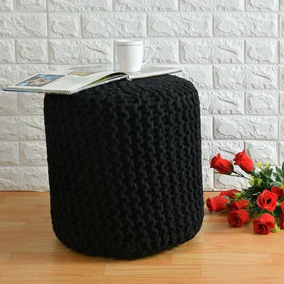 Rich Black Solid Cotton Knitted Pouffe