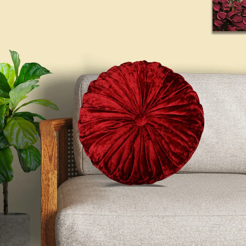 Round Hand Stitched Smoking Velvet Red Cushion Cover With Filler