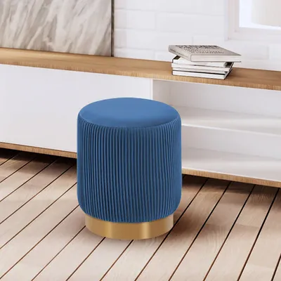 Round Plush Velvet Blue Ottoman / Pouffe