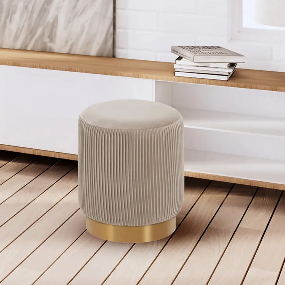 Round Plush Velvet Khaki Ottoman / Pouffe