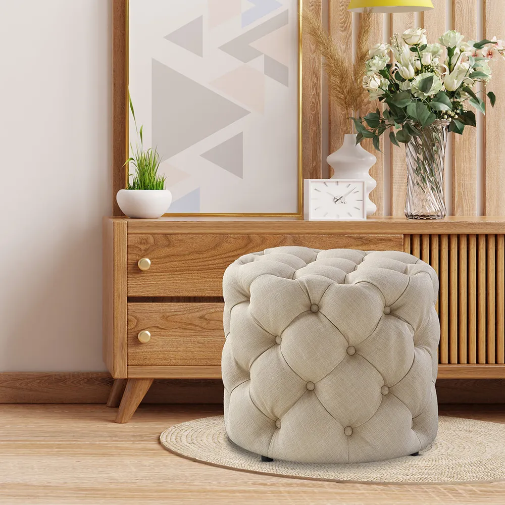 Round Velvet Tufted Solid Puffy Stool In Beige