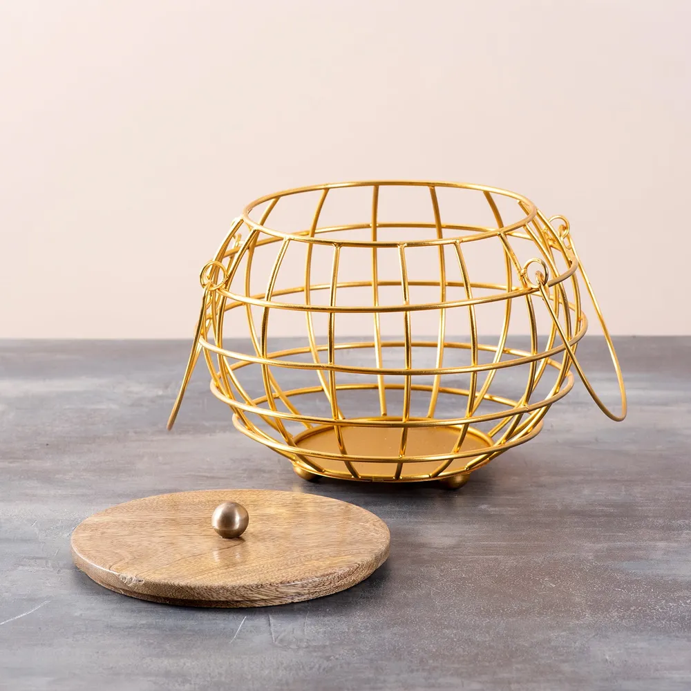 Round White Wired Wood Lid Metal Vegetable/Fruit Basket