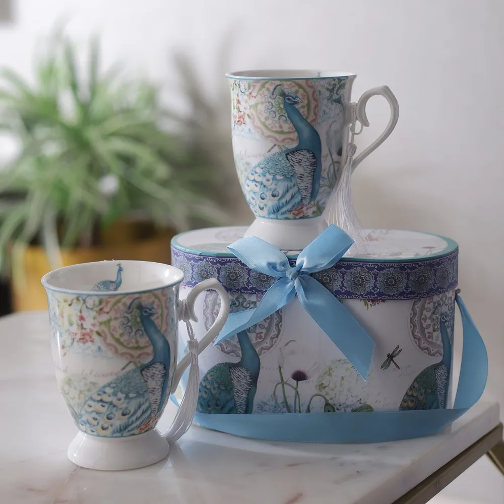 Royal Blue Peacock Designer Vintage Teacups Set Of 2