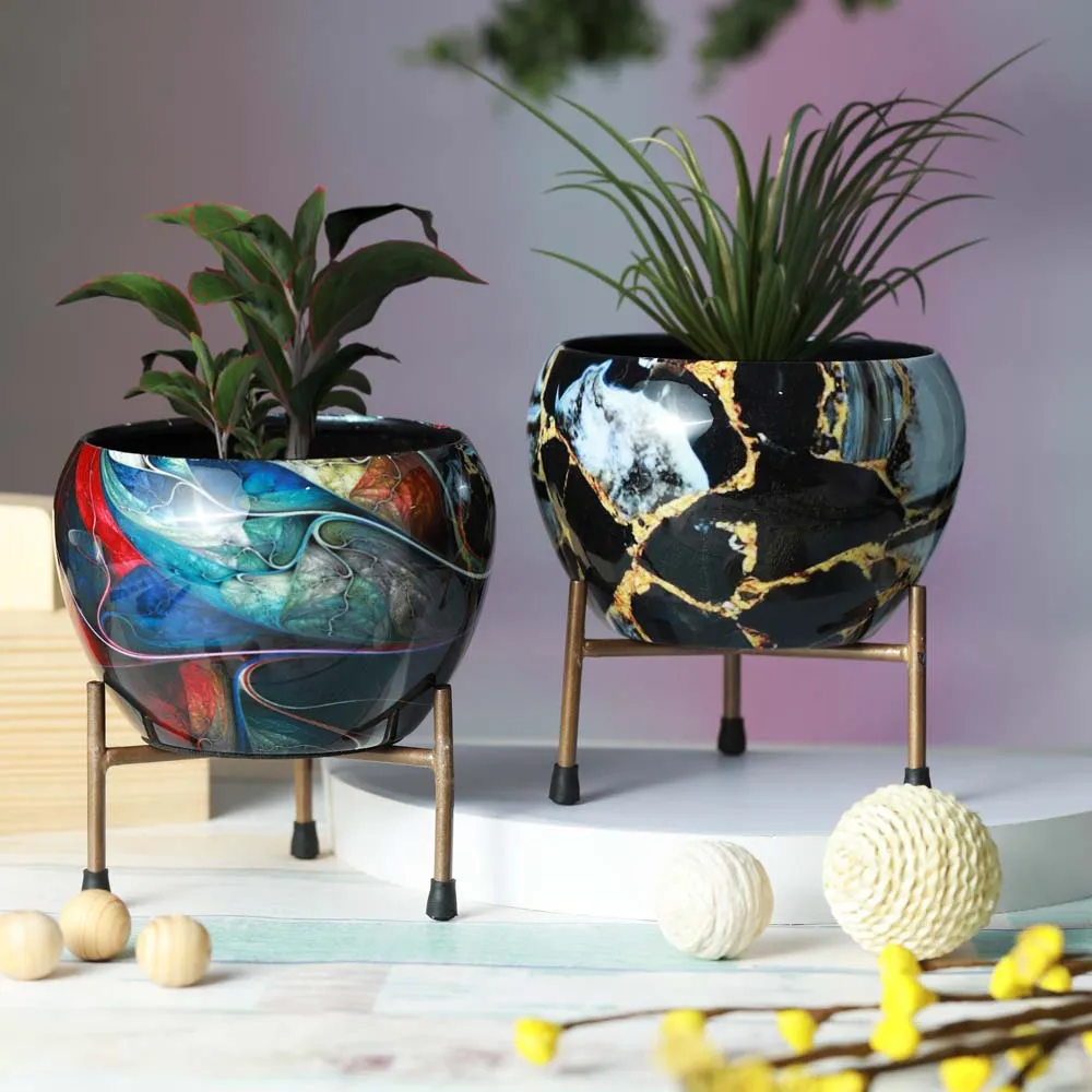 Royal Bright Multi-Hued Resilient Metal Plant Pots With Stand Set Of 2