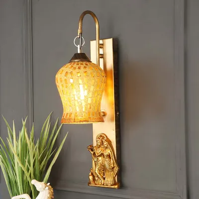 Rusty Golden Mosaic Glass With Radha Krishna Wall Light Fixture