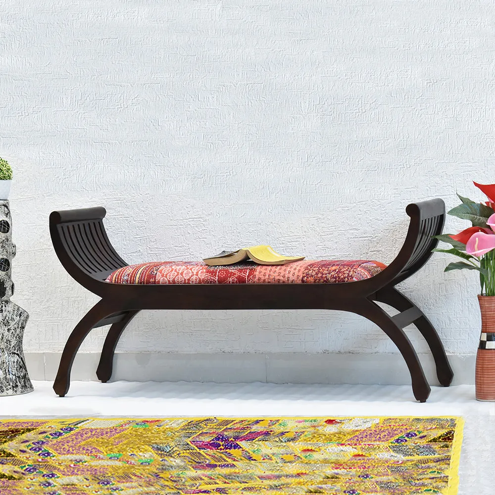 Senate Dark Brown Sheesham Wood With Red Kantha Gudri patchwork Settee Sofa