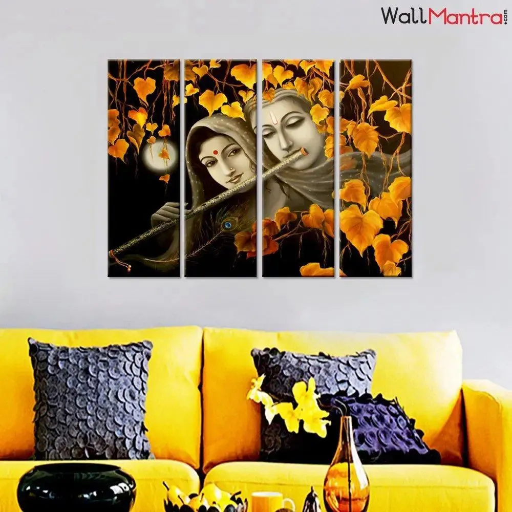 Sepia Tone Radha Krishna Wooden Framed 4 Pieces Canvas Painting