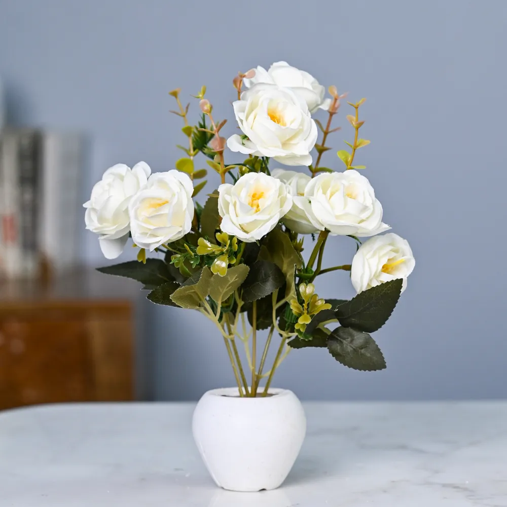 Serene White Roses Artificial Flower With Pot