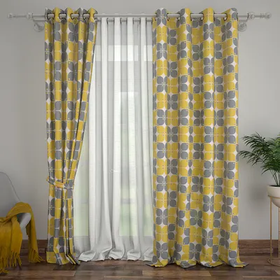 Set of 2 Grey & Yellow Floral Printed Eyelet Curtain- 260