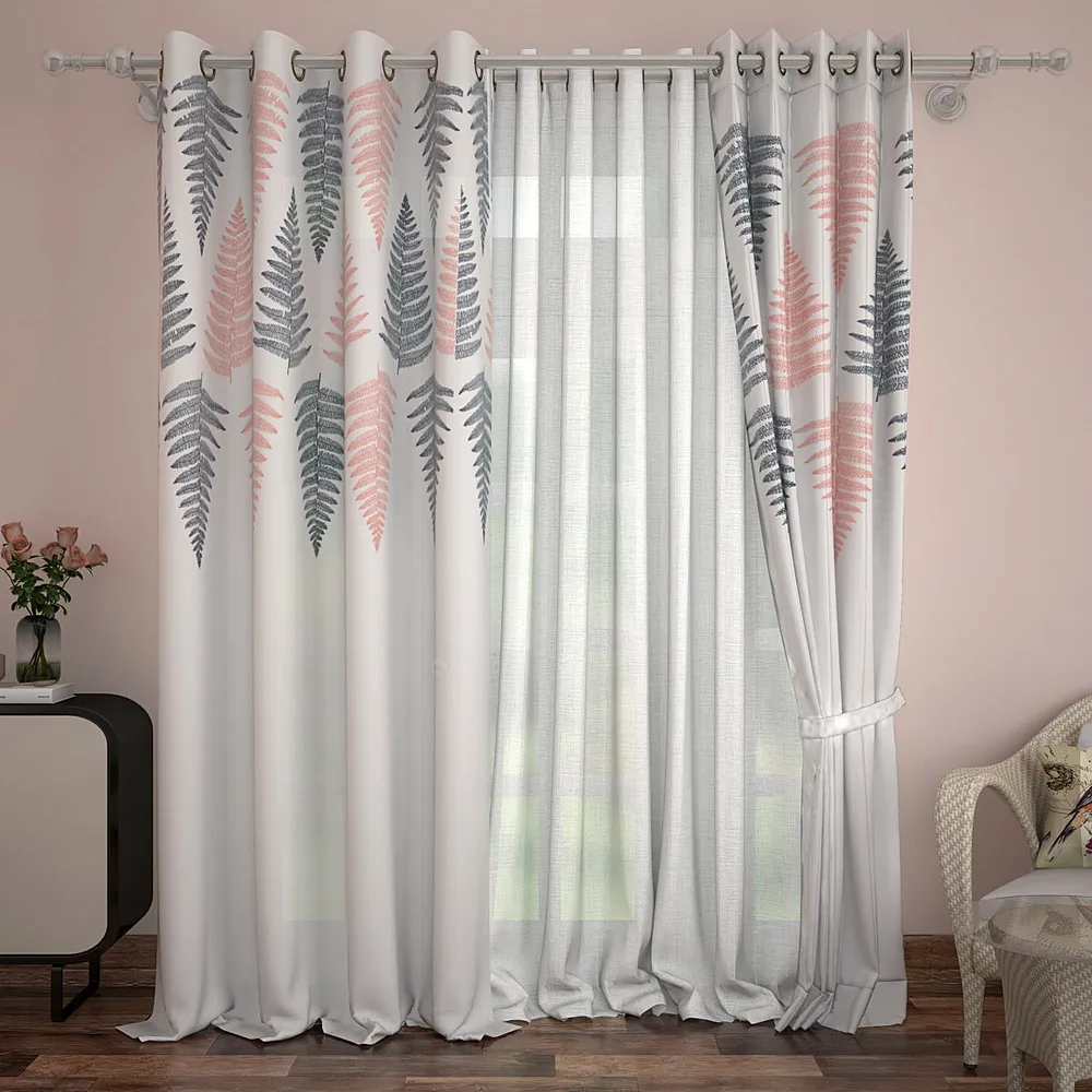 Set of 2 Peach And Grey Ferns Printed Eyelet Curtain- 260