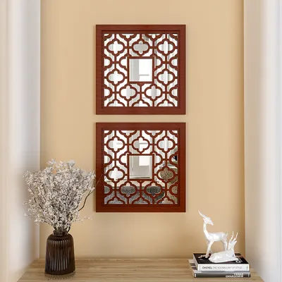 Set of 2 Wooden Frame Bohemian Style Decorative Wall Mirror (Available in Multiple Finishes)