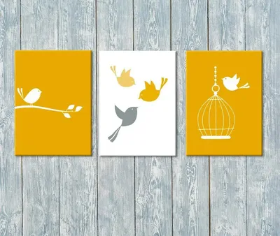 Set of 3 Bird Wall Painting Colour - Yellow/Stretched and Framed on Wood/12 inch x 15 inch